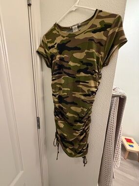 Camo Ruched Short Sleeve Dress - Green Camouflage- small